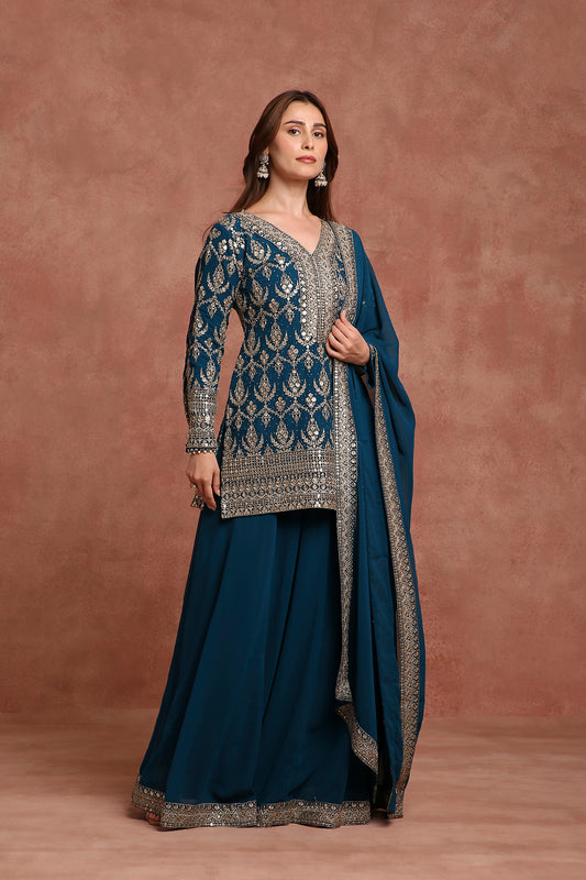 Teal Blue Embroidered Sharara Suit Set for Wedding, Festive & Evening Functions