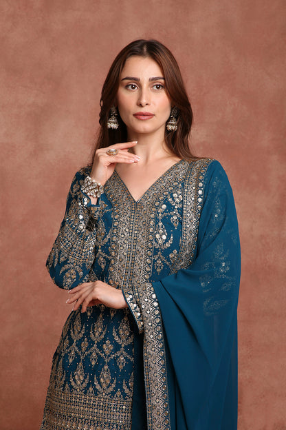 Teal Blue Embroidered Sharara Suit Set