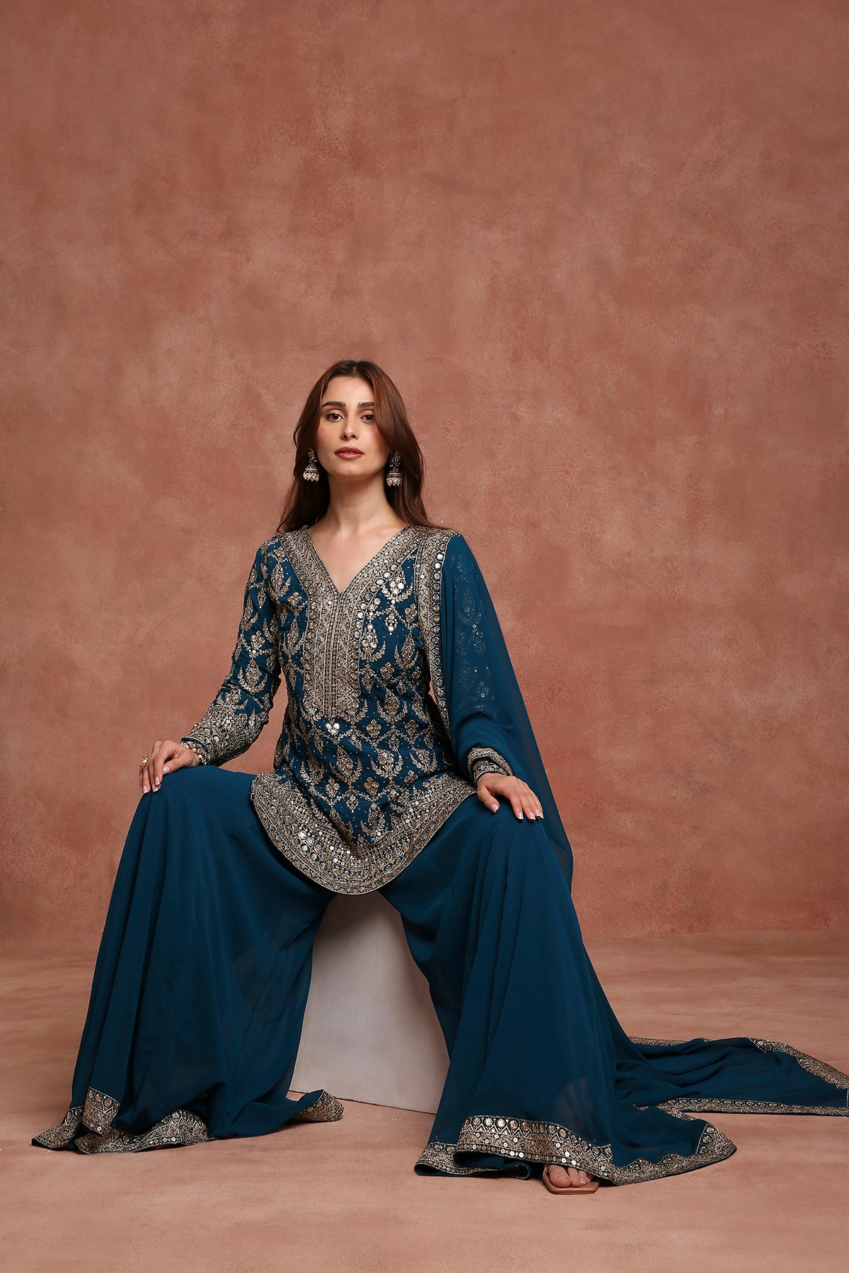 Teal Blue Embroidered Sharara Suit Set