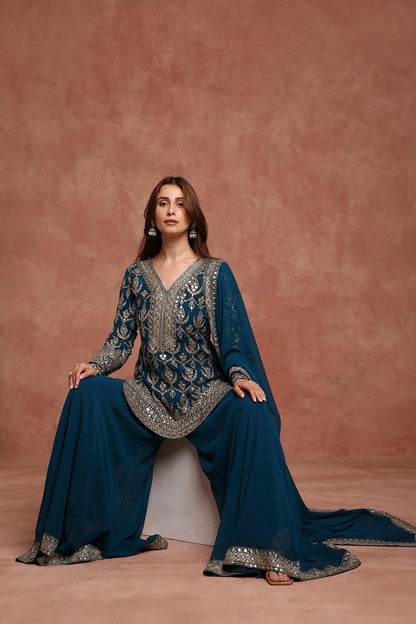 Teal Blue Embroidered Sharara Suit Set