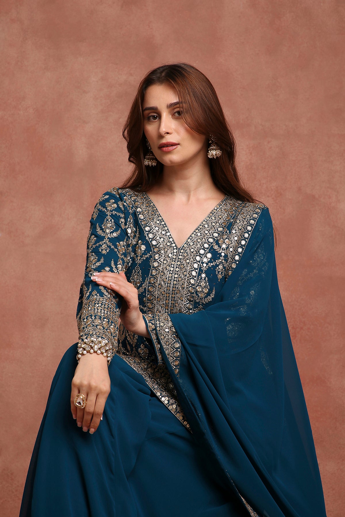Teal Blue Embroidered Sharara Suit Set