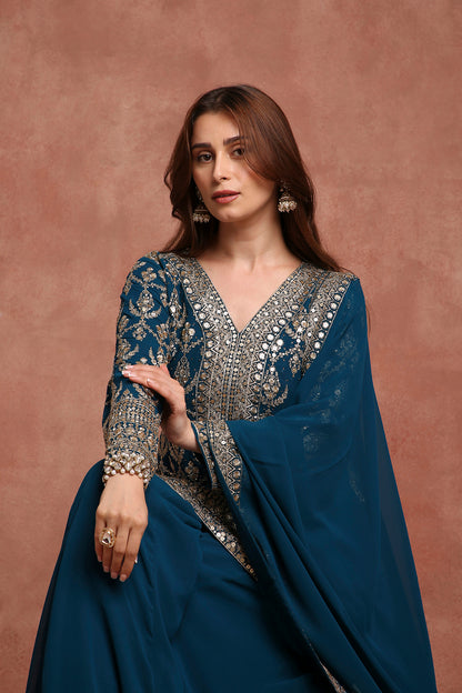 Teal Blue Embroidered Sharara Suit Set