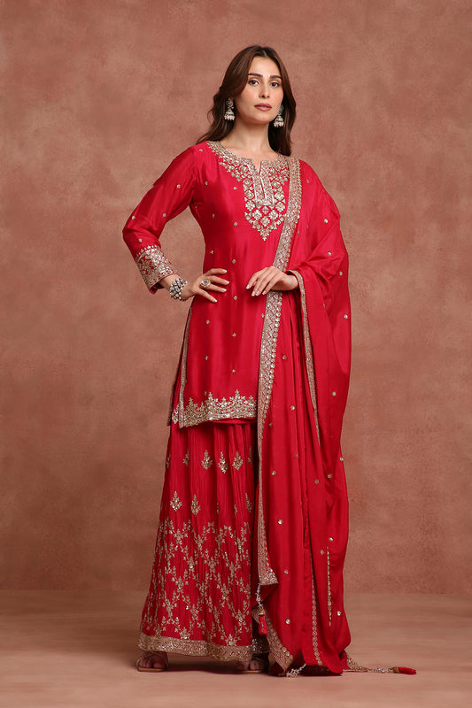 Red Embroidered Sharara Suit Set for Wedding, Festive & Celebration Wear