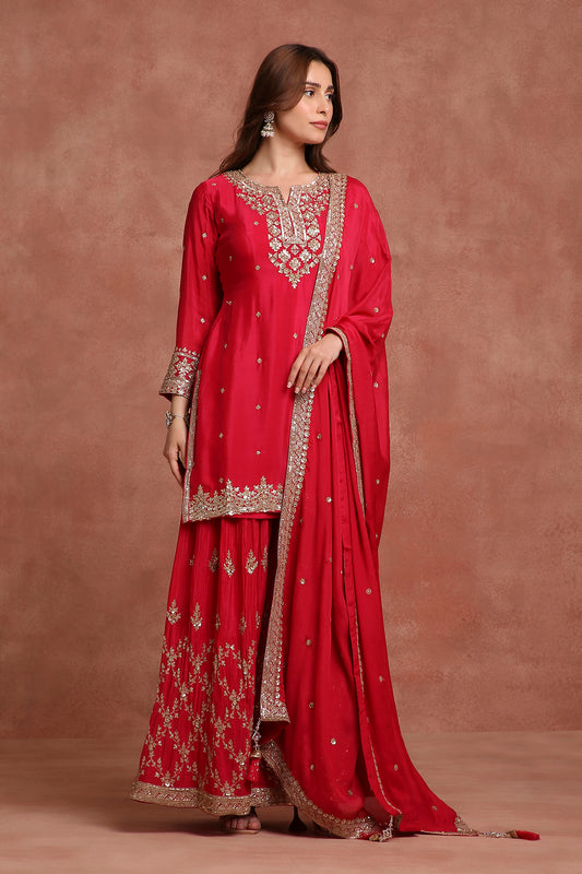 Red Embroidered Sharara Suit Set for Wedding, Festive & Celebration Wear