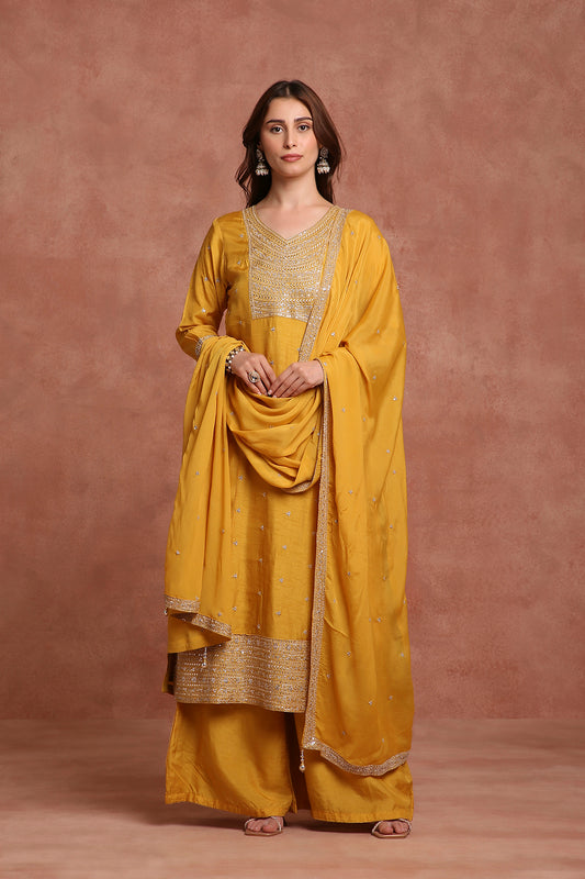 Mustard Yellow Embroidered Kurta Sharara Set for Haldi,Wedding Day& Festive Wear