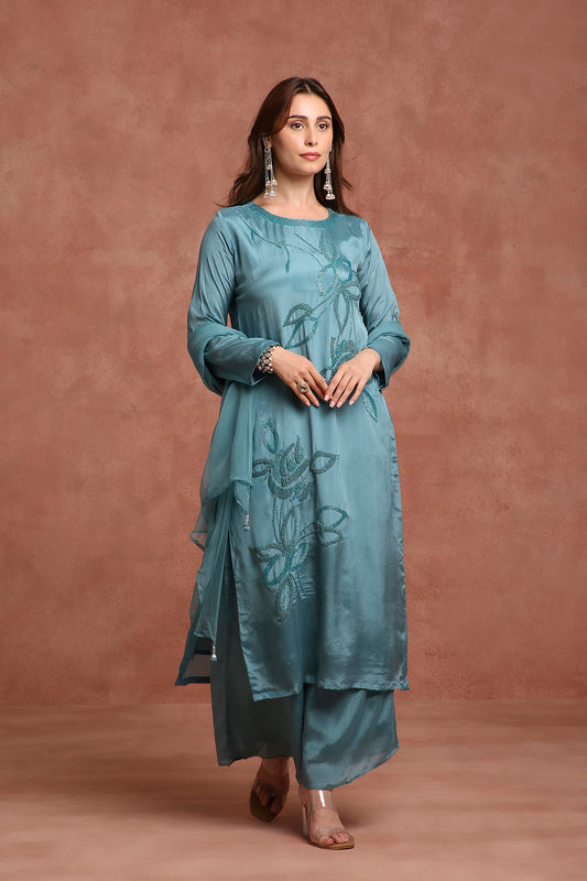 Teal Blue Embroidered Kurta Pant Set for Festival, Reception & Celebration Events