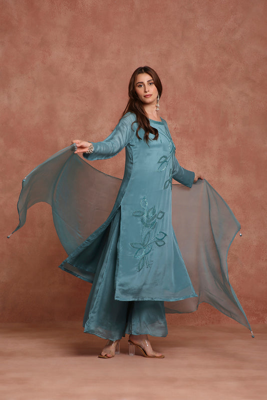 Teal Blue Embroidered Kurta Pant Set for Festival, Reception & Celebration Events