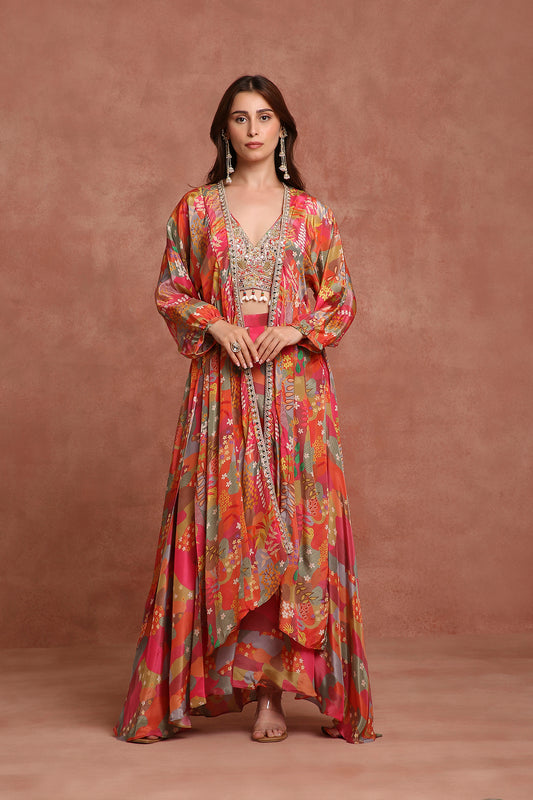 Multicolor Printed Draped Jacket Set for Mehendi, Destination Wedding & Festive Wear