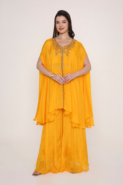 Yellow Embroidered Kaftan Style Cape Top with Palazzos