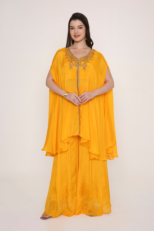 Yellow Embroidered Kaftan Style Cape Top with Palazzos