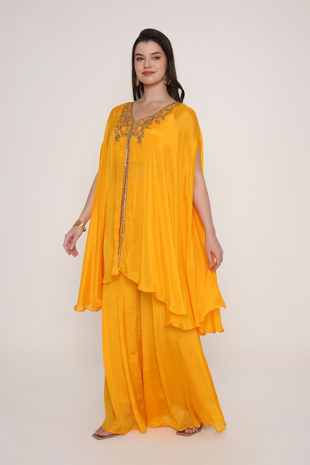 Yellow Embroidered Kaftan Style Cape Top with Palazzos