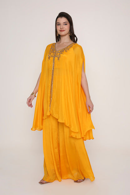 Yellow Embroidered Kaftan Style Cape Top with Palazzos