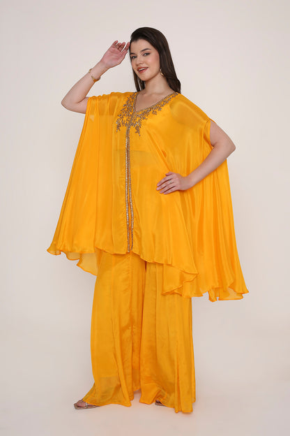 Yellow Embroidered Kaftan Style Cape Top with Palazzos