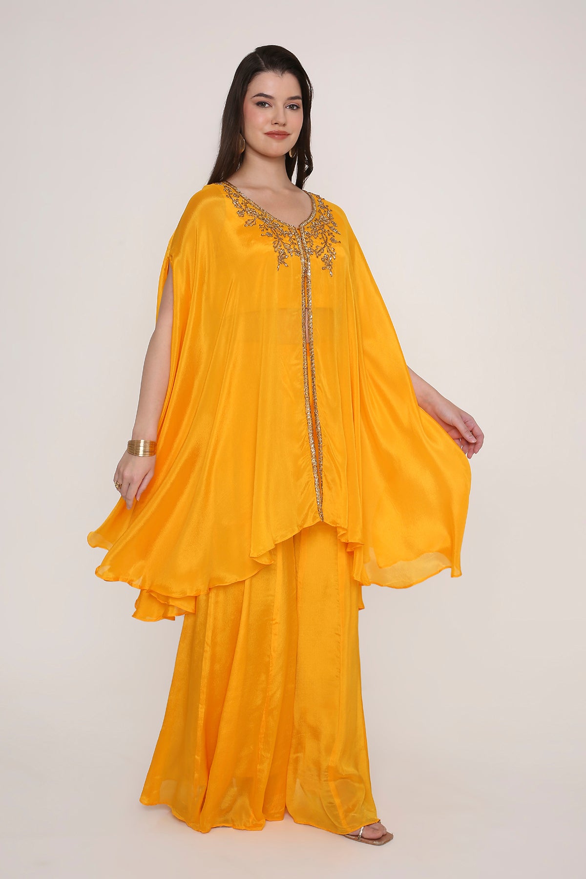 Yellow Embroidered Kaftan Style Cape Top with Palazzos