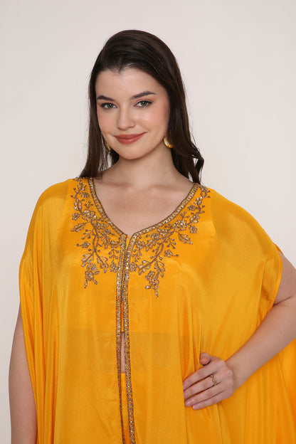 Yellow Embroidered Kaftan Style Cape Top with Palazzos