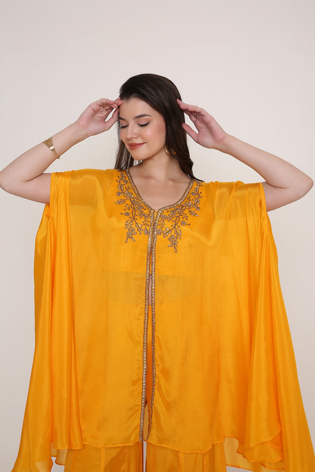 Yellow Embroidered Kaftan Style Cape Top with Palazzos
