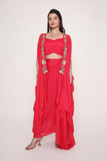 Pleated Crop Top with Draped Dhoti and Embroidered Cape