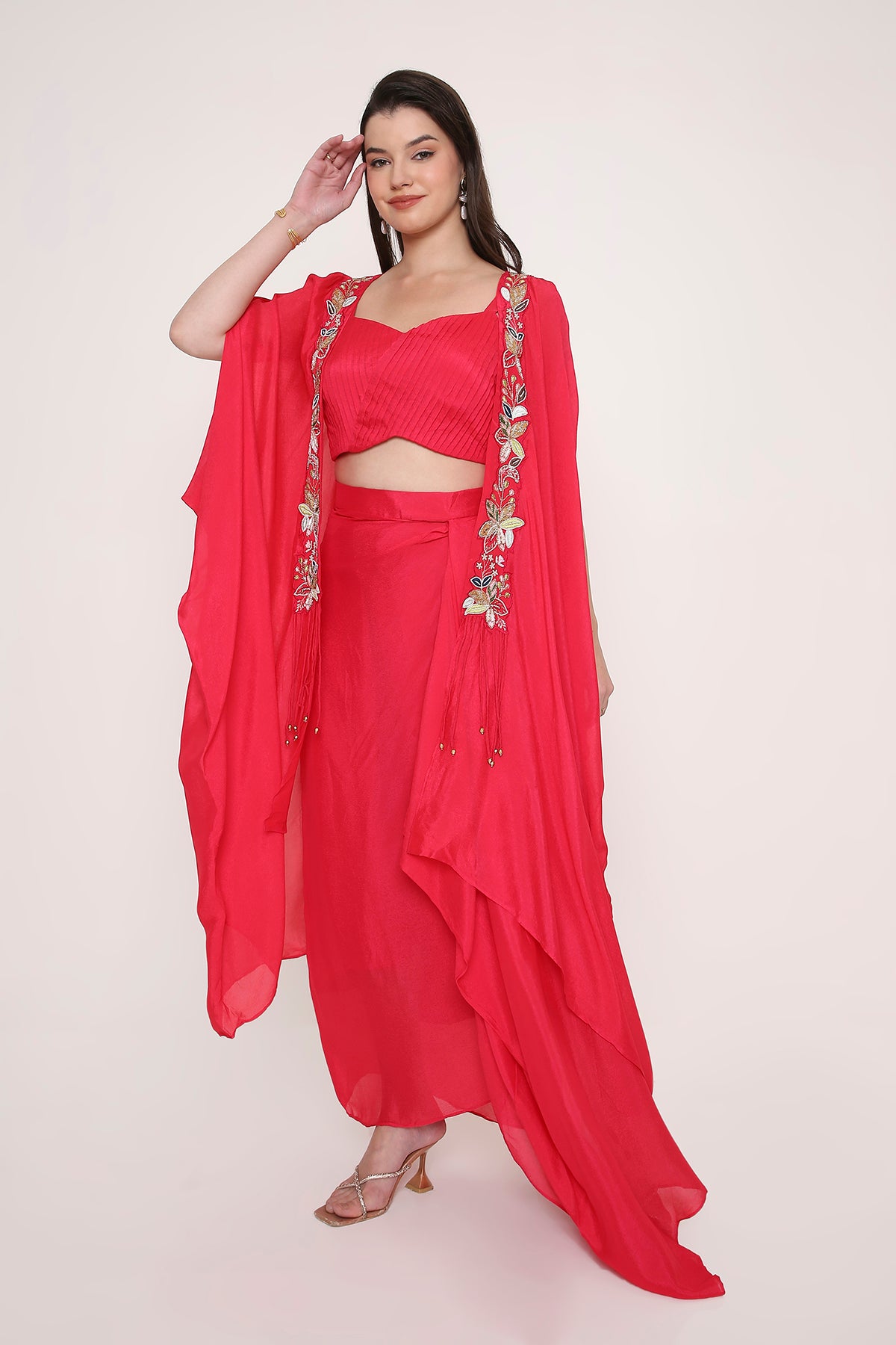 Pleated Crop Top with Draped Dhoti and Embroidered Cape