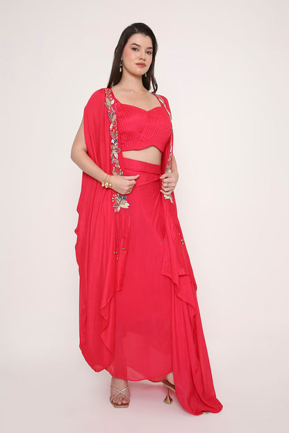 Pleated Crop Top with Draped Dhoti and Embroidered Cape