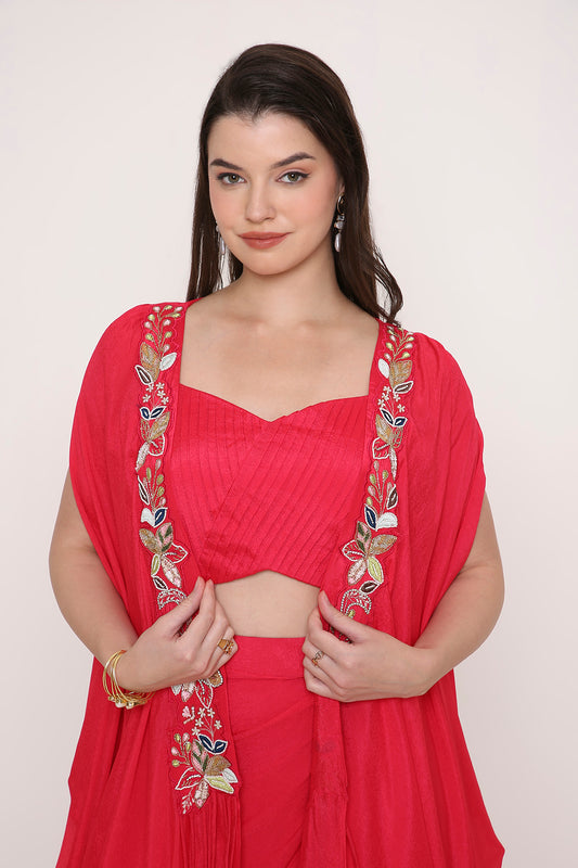 Pleated Crop Top with Draped Dhoti and Embroidered Cape