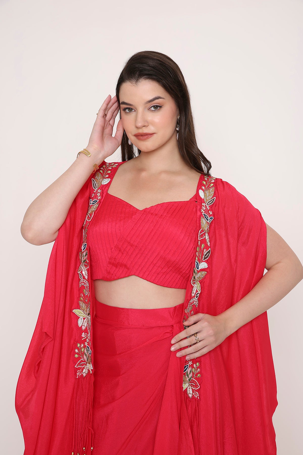 Pleated Crop Top with Draped Dhoti and Embroidered Cape