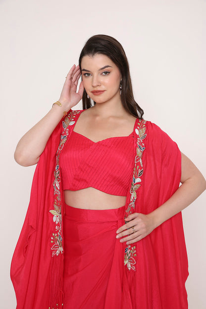 Pleated Crop Top with Draped Dhoti and Embroidered Cape