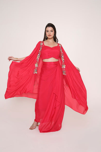 Pleated Crop Top with Draped Dhoti and Embroidered Cape