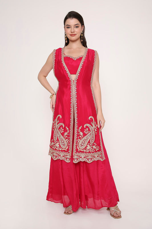 Pink Paisley Embroidered Indo-Western Fusion Sharara Suit