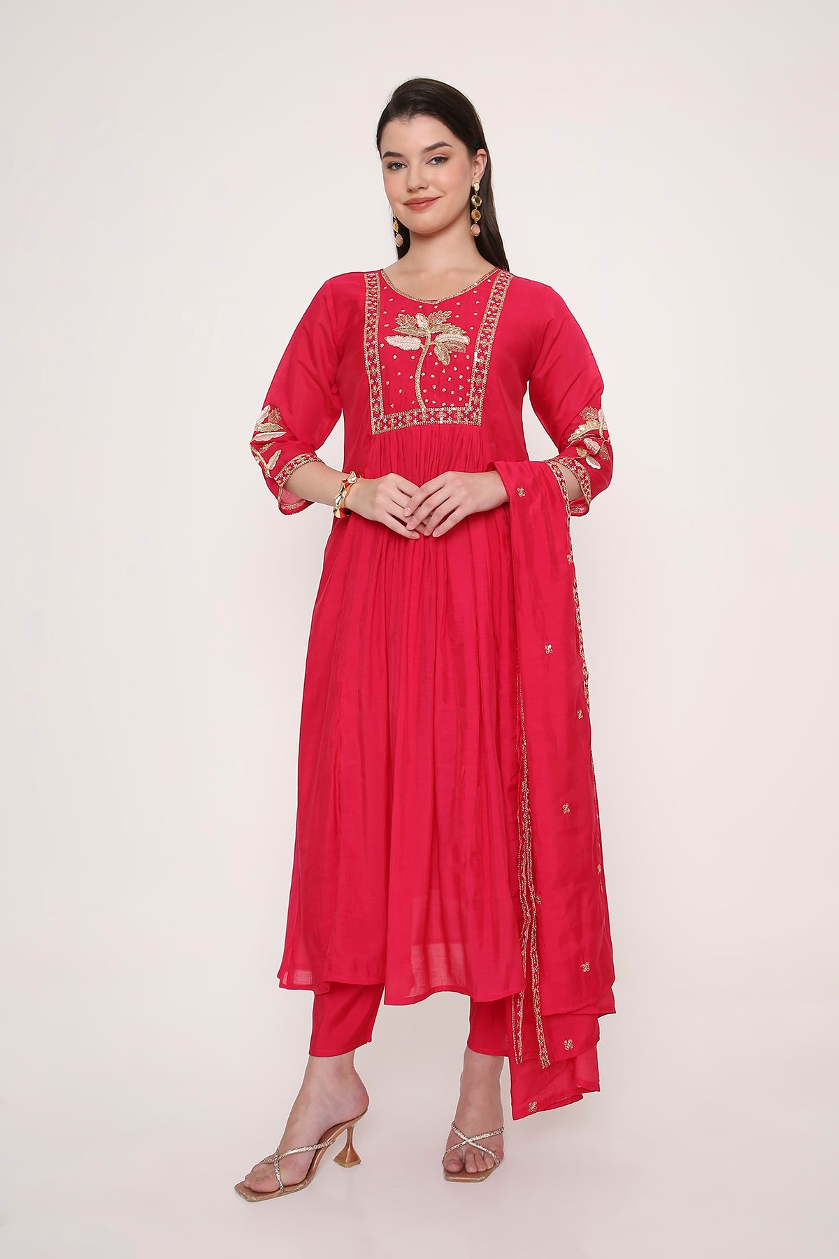 Pink Zardosi Work Anarkali with Trousers & Dupatta