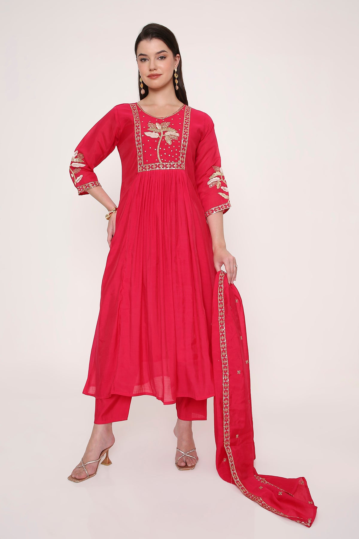 Pink Zardosi Work Anarkali with Trousers & Dupatta