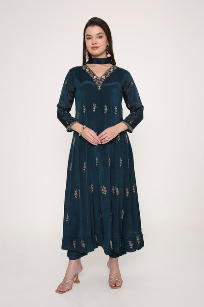 Blue Hand-Embroidered Anarkali Kurta with Trousers