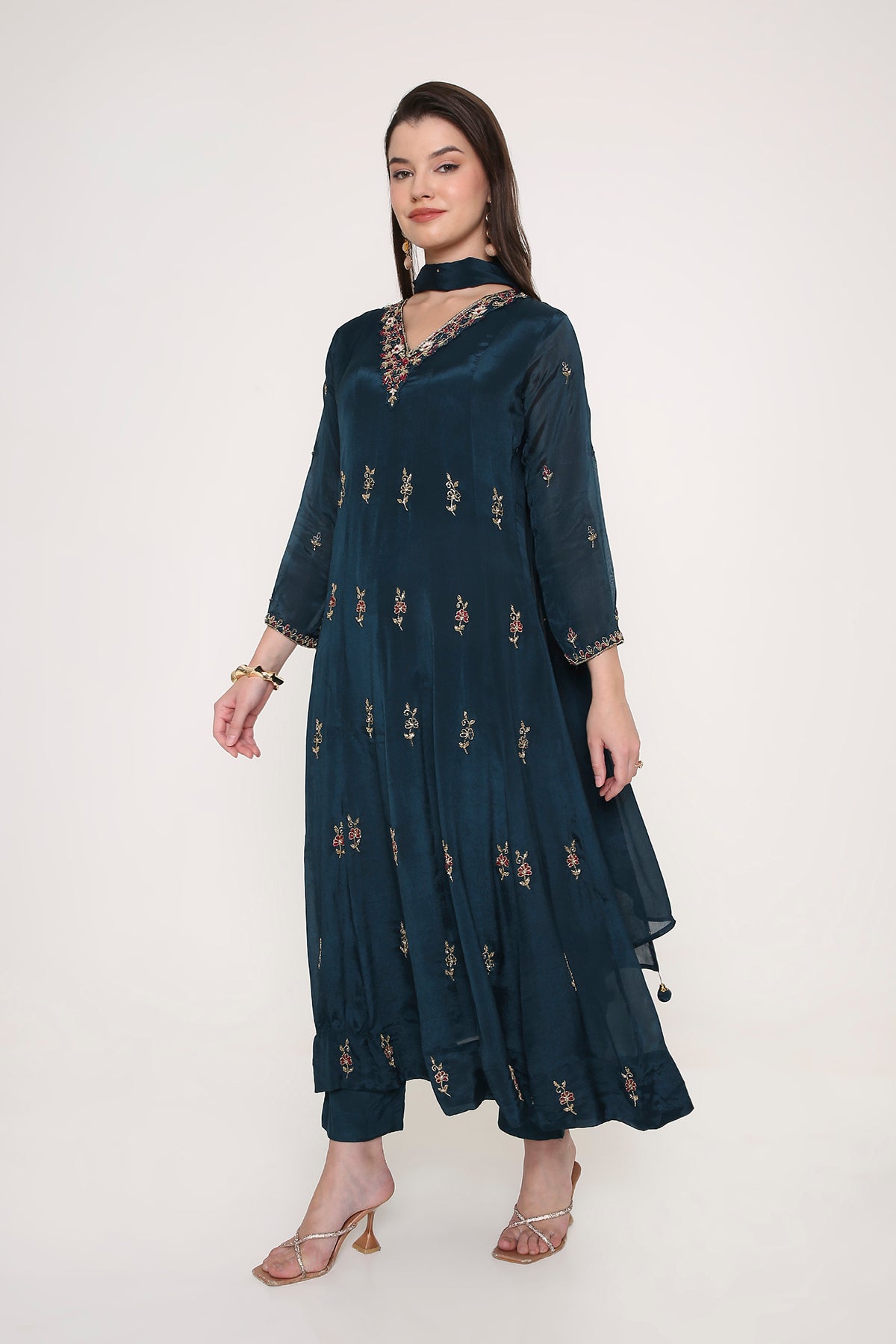 Blue Hand-Embroidered Anarkali Kurta with Trousers