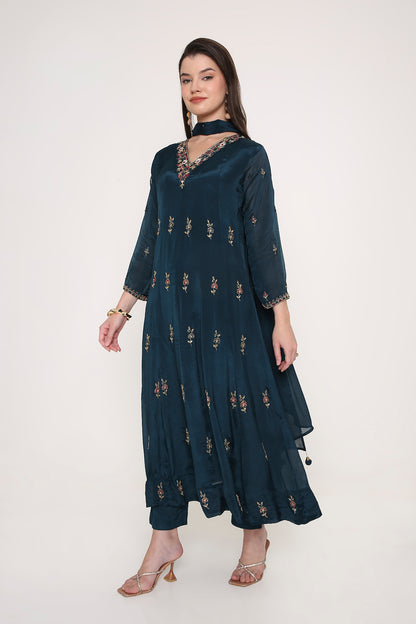 Blue Hand-Embroidered Anarkali Kurta with Trousers