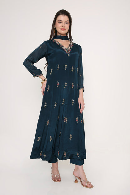 Blue Hand-Embroidered Anarkali Kurta with Trousers