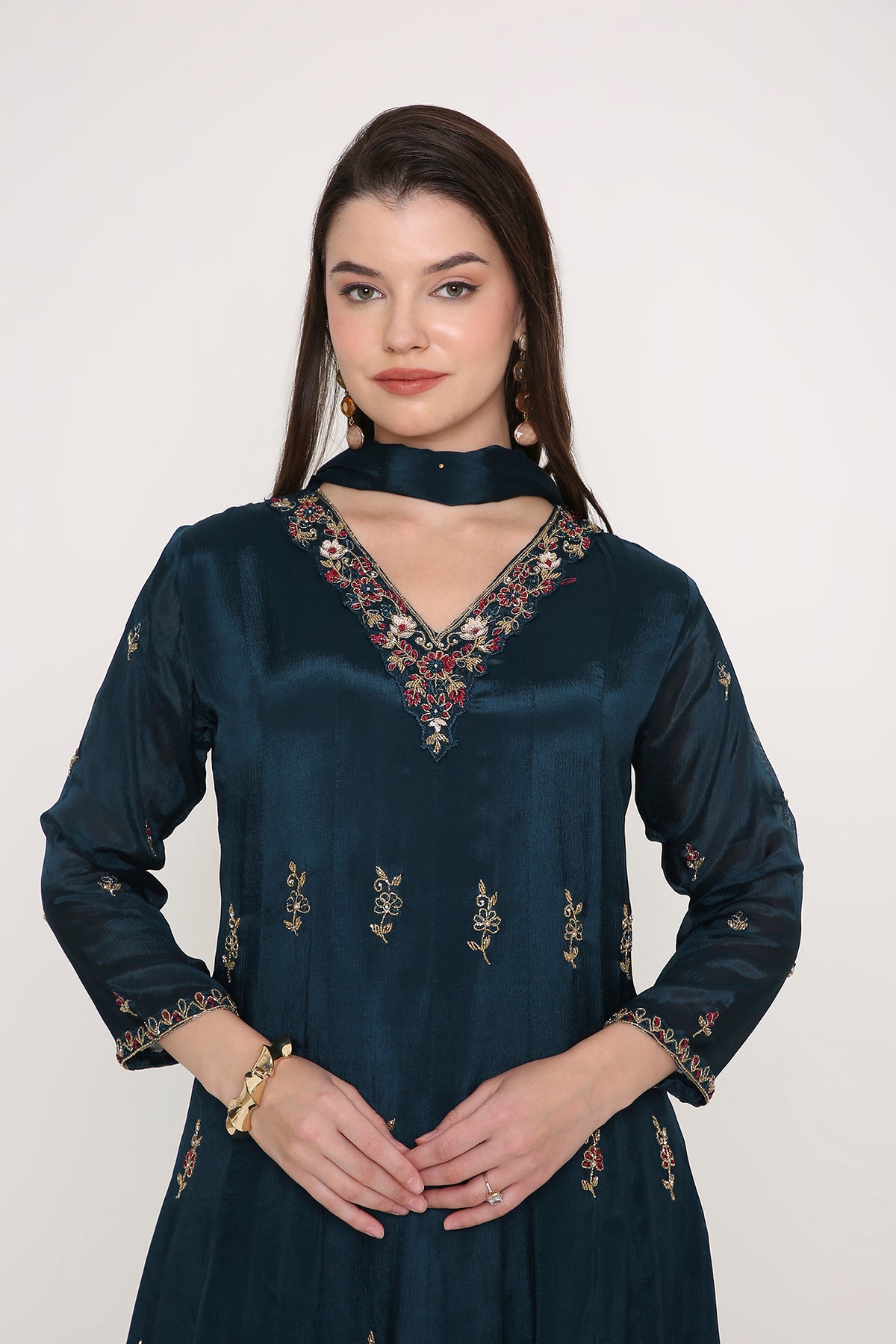 Blue Hand-Embroidered Anarkali Kurta with Trousers