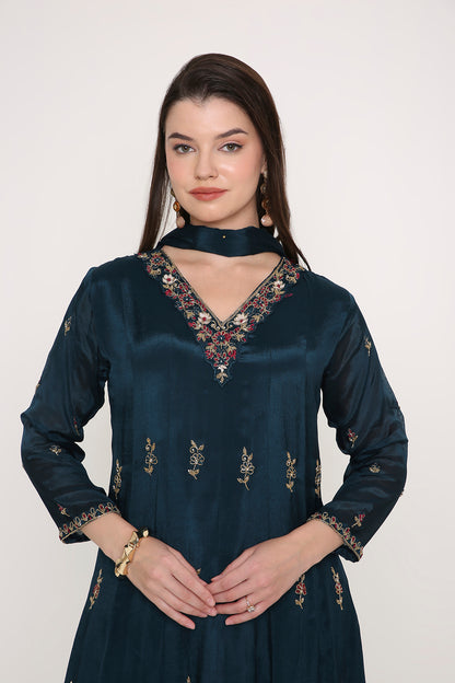 Blue Hand-Embroidered Anarkali Kurta with Trousers