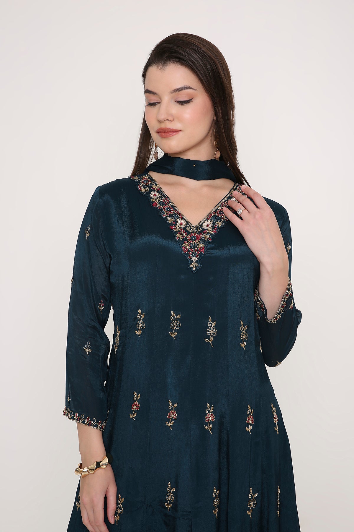 Blue Hand-Embroidered Anarkali Kurta with Trousers