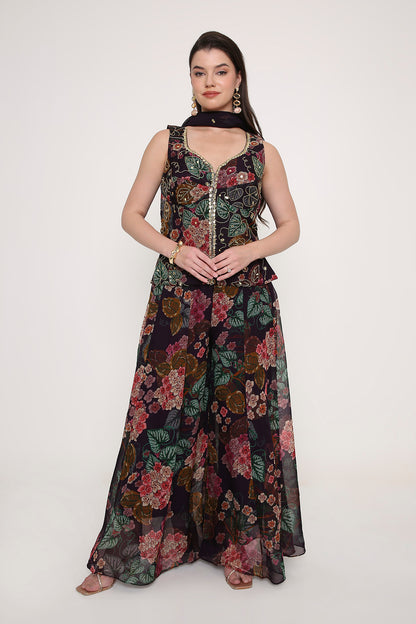 Hand-Embroidered Floral Peplum Tunic and Flared Palazzo