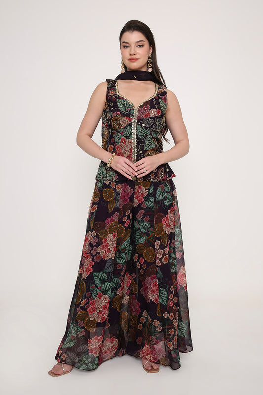 Hand-Embroidered Floral Peplum Tunic and Flared Palazzo