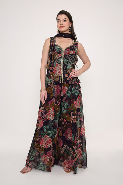 Hand-Embroidered Floral Peplum Tunic and Flared Palazzo