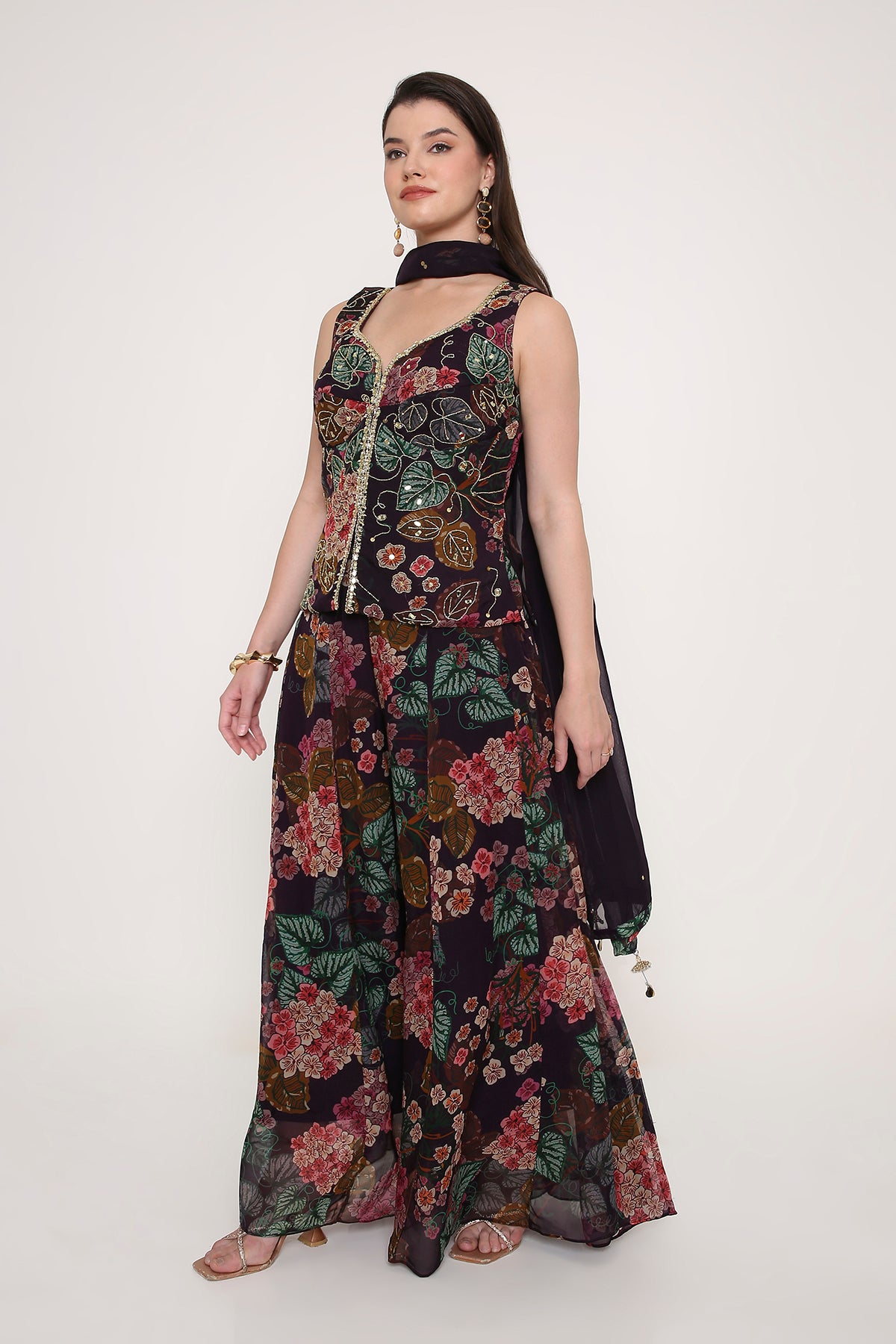 Hand-Embroidered Floral Peplum Tunic and Flared Palazzo