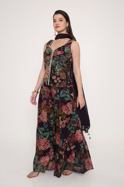 Hand-Embroidered Floral Peplum Tunic and Flared Palazzo