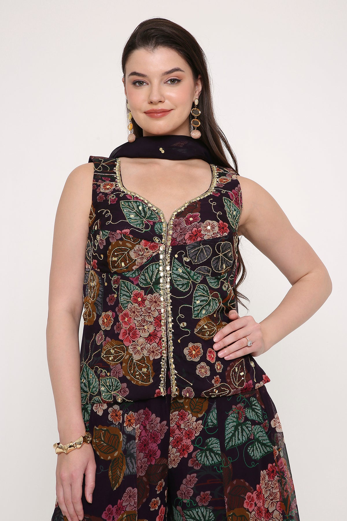 Hand-Embroidered Floral Peplum Tunic and Flared Palazzo