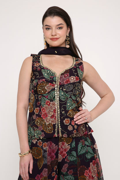 Hand-Embroidered Floral Peplum Tunic and Flared Palazzo