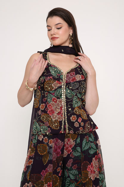 Hand-Embroidered Floral Peplum Tunic and Flared Palazzo