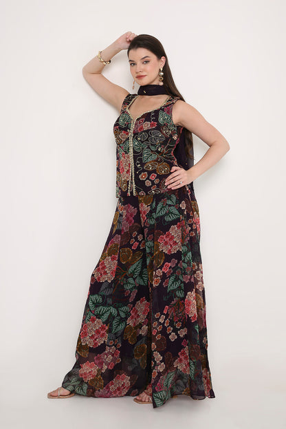 Hand-Embroidered Floral Peplum Tunic and Flared Palazzo