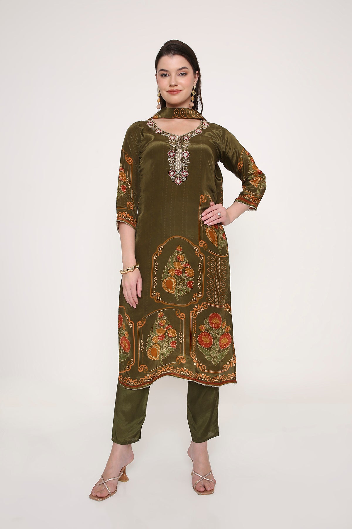 Feathership Olive Green Floral Printed & Embroidered Silk Blend Kurta Set