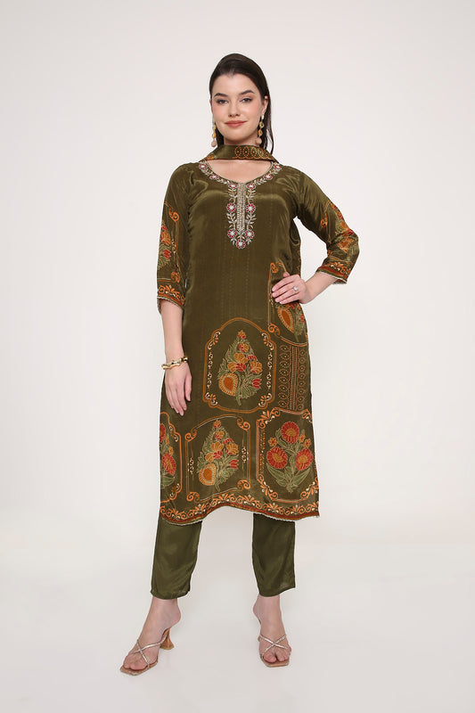Feathership Olive Green Floral Printed & Embroidered Silk Blend Kurta Set
