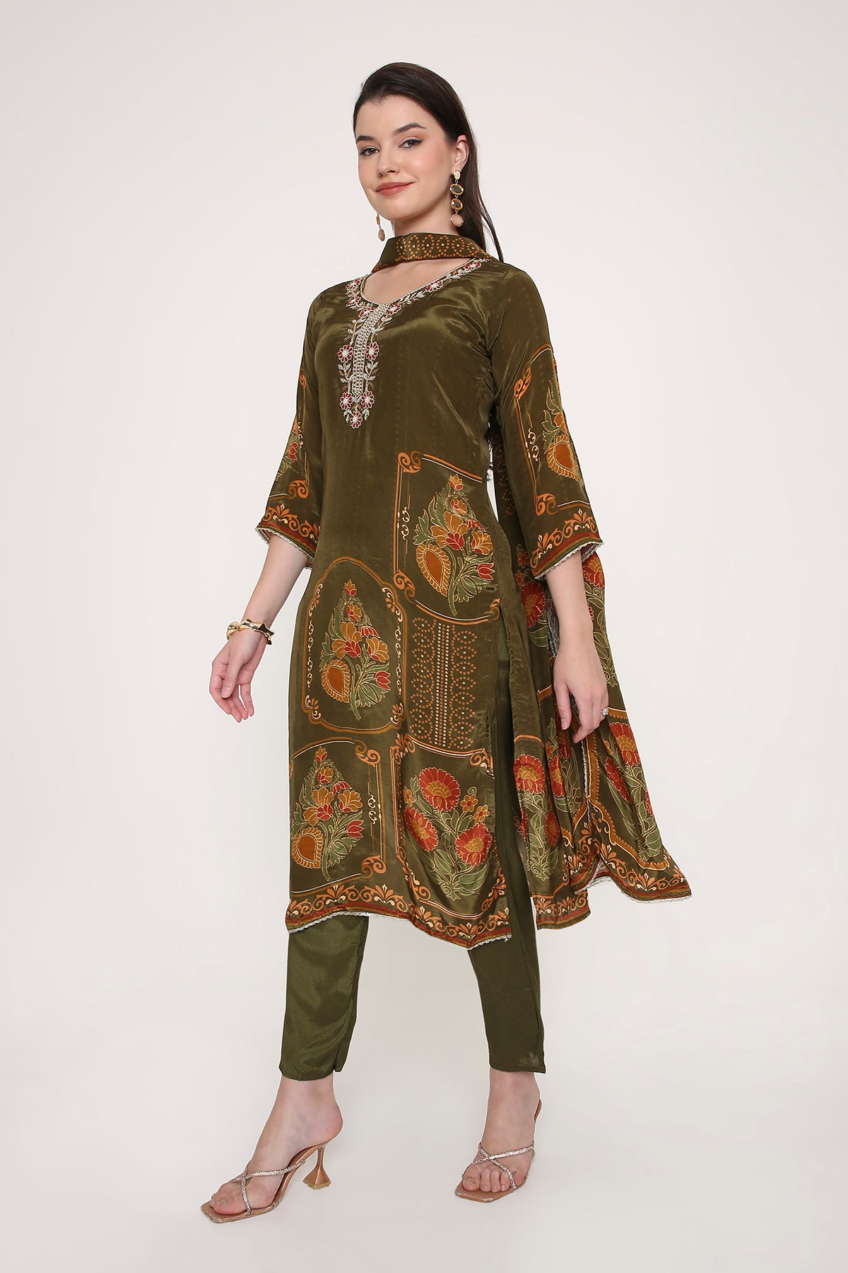 Feathership Olive Green Floral Printed & Embroidered Silk Blend Kurta Set
