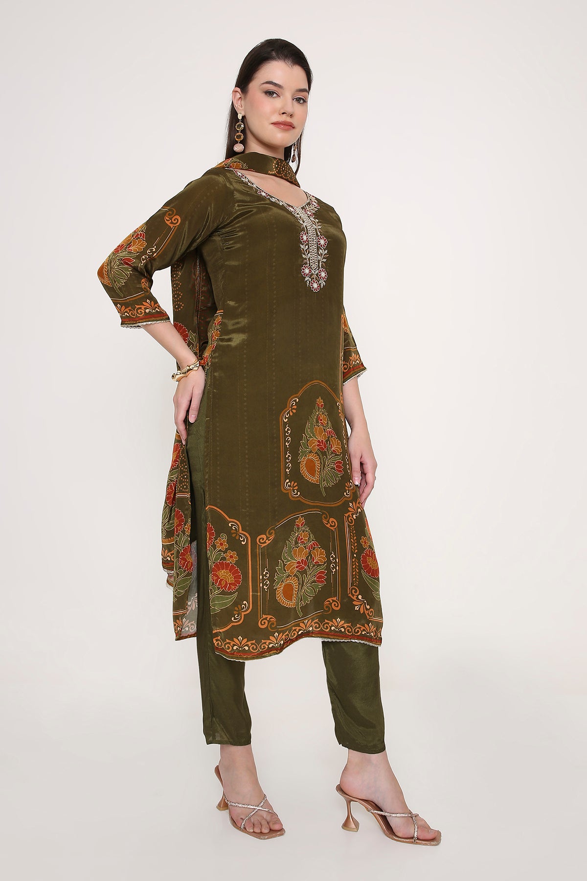 Feathership Olive Green Floral Printed & Embroidered Silk Blend Kurta Set